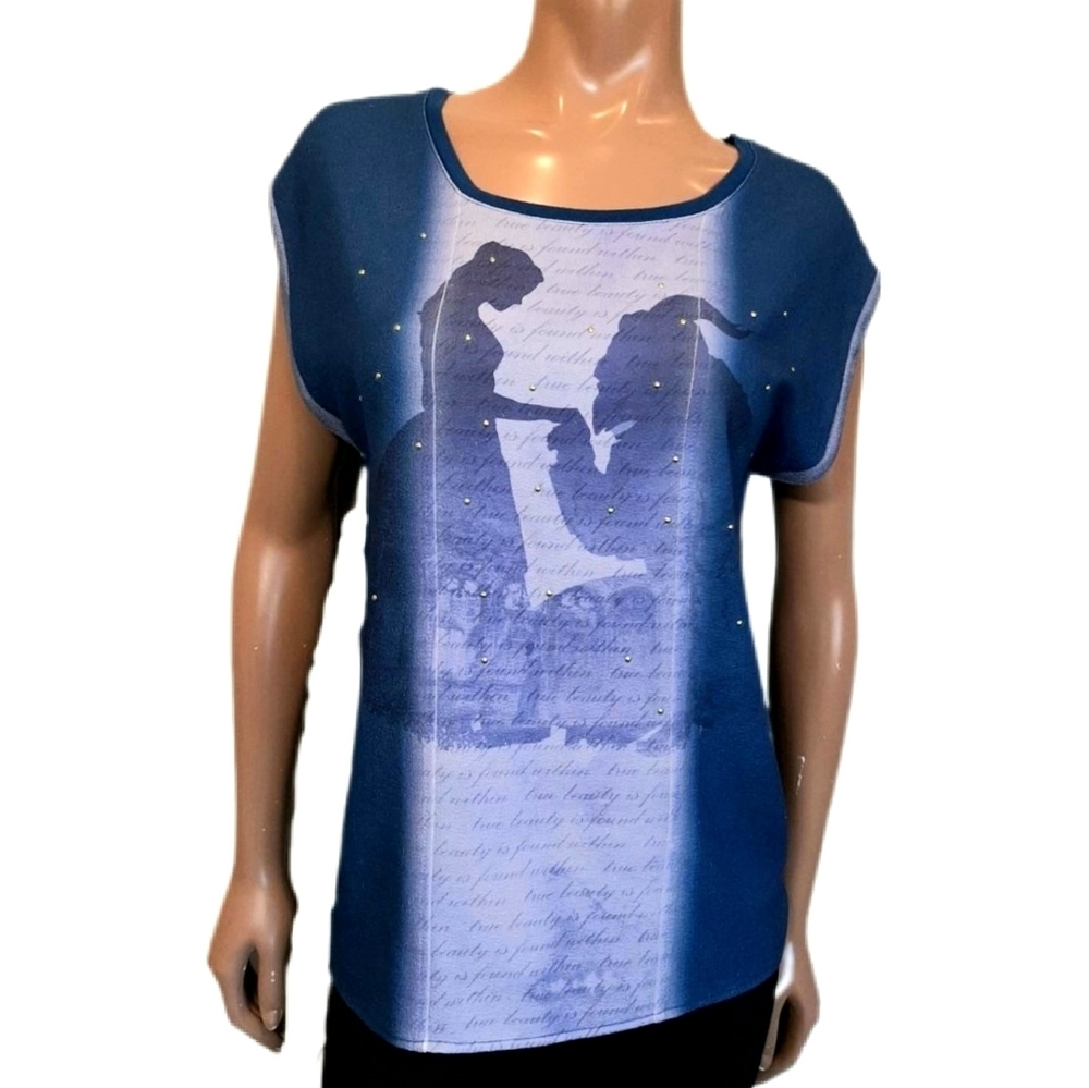 💠DISNEY Beauty And The Beast Studded Graphic Top Blue Size Medium Tunic Tshirt